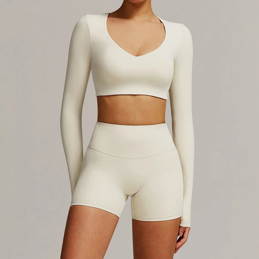 Women 2PCS Yoga Suit Sports Gym Set Tracksuit Workout Long Sleeve Shirt Fitness Flared leggings Short sleeve shorts running suit