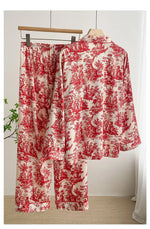 Ink Printed Ice and Snow Silk Pajama Set for Women Spring and Autumn Simple Small Lapel Long Sleeve Home Clothes Nightwear
