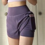 Women's yoga shorts, summer mesh fake two-piece quick drying anti glare fitness high waisted yoga pants