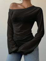 Women's Casual Solid Color Slope Collar Long Sleeved T-Shirt Loose Slouchy Style See-Through Off The Shoulder Top
