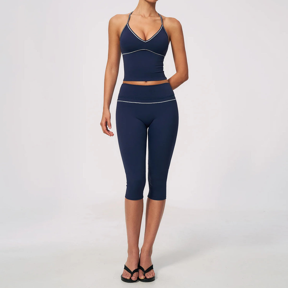 Summer Color Blocking Yoga Suit Women Tracksuit Hanging Neck V Neck Slim Sports Vest Tight Hip Lifting Capri Pants Fitness Sets