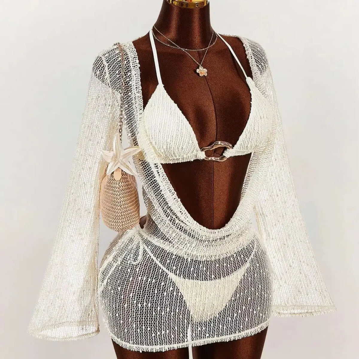 DEKA New Women's Beige Three Piece Long Sleeve Bikini Set Sexy Long Sleeve Cover UpSwimsuit Elegant Beachwear