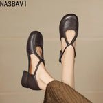 Women's T-Strap Shallow Flat Sandals Soft Leather Rome French Slip-on Single Shoes Retro Round Toe Shoes for Women Summer 32-43