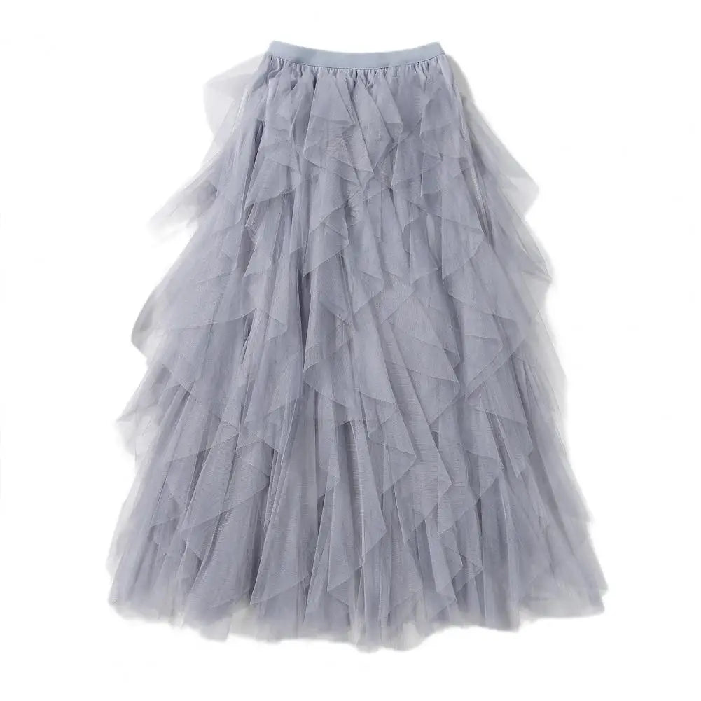 Flowy Hem Versatile Cake Skirt Women Midi Skirt Elastic High Waist Mesh Yarn Decor Long Skirt Solid Color