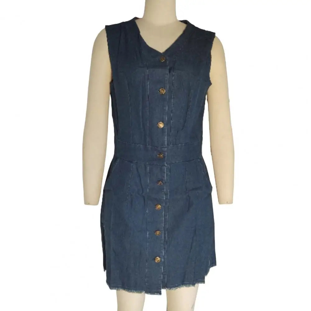 Women's Sleeveless Bodycon Denim Dress Casual V-Neck Button Down Mini Jean Dress Summer Overalls Dress with Pockets