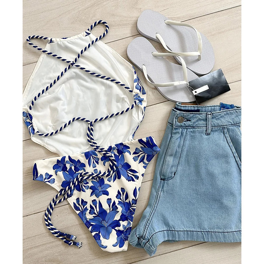 One Piece Swimsuit For Women 2025 New Vintage Retro Swimwear Print Swimsuit Halter Beachwear Sexy Monokini Female Bathing Suit