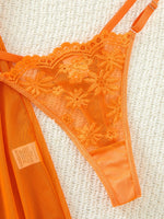 Orange Daisy Floral Lace Sheer Mesh Babydoll Lingerie Set Slip Nightdress With Matching Thong Women Sexy Sleepwear ZA825096
