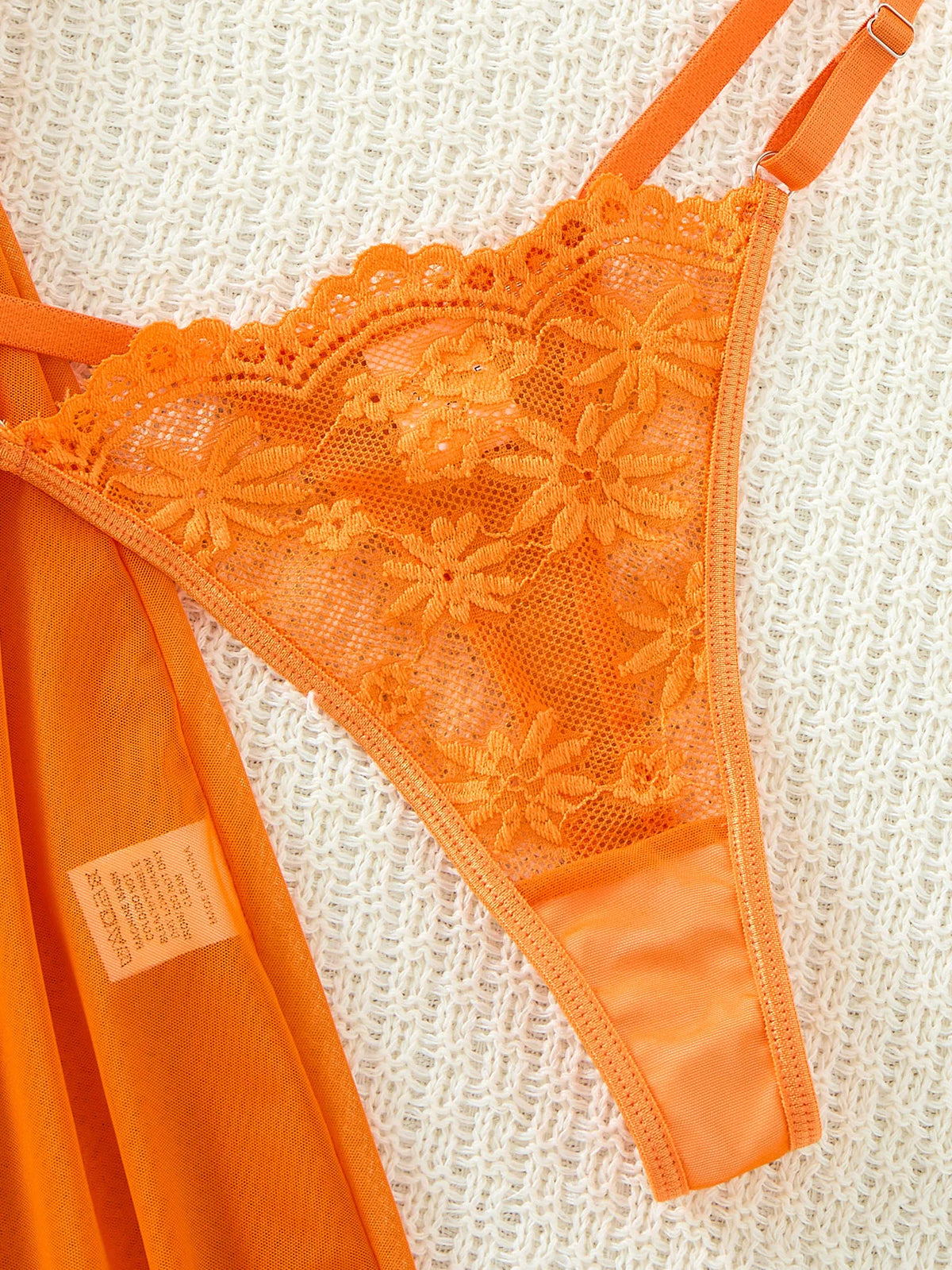 Orange Daisy Floral Lace Sheer Mesh Babydoll Lingerie Set Slip Nightdress With Matching Thong Women Sexy Sleepwear ZA825096