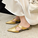 2026 Summer New Brand Women Slipper Fashion Pointed Toe Slip On Slides Low Heel Ladies Elegant Mules Sandals Top qualityGold