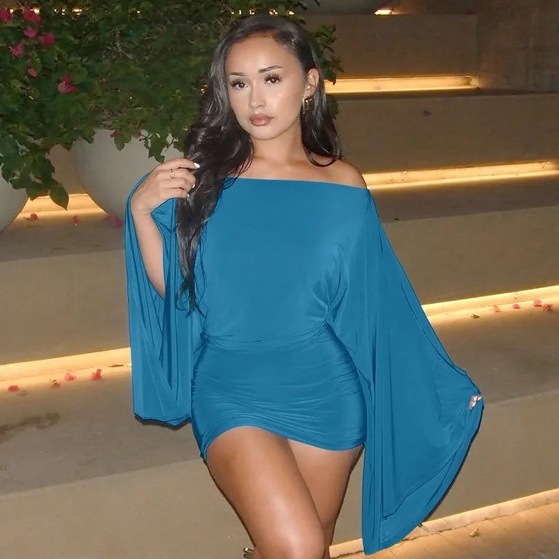 Simple Solid Color Design Sense Slim Mini Dresses Women One Shoulder Bat Sleeves Package Hip Short Dress Fashion Sexy Vestidos