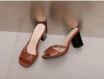 Summer New Fashion Open Toe Solid Color Simple Leather Surface Versatile Color Large Slippers Square Heel Shoes Women