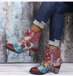 Ankle Boots Women Autumn PU Women's Shoes Ethnic Waterproof Casual Vintage Shoes Zipper High Heel Short Boots Botas Mujer