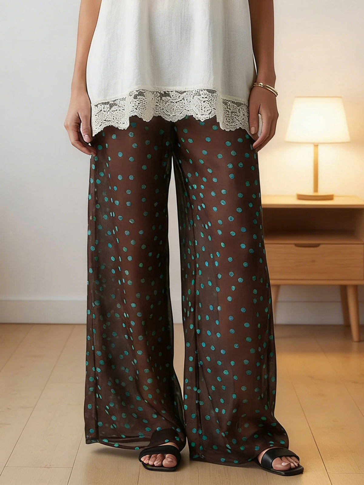 Women Sheer Mesh Pants Dots Print Elastic Waist Loose Fit Wide Leg Trousers Beach Bikini Cover up See Through Club Trousers