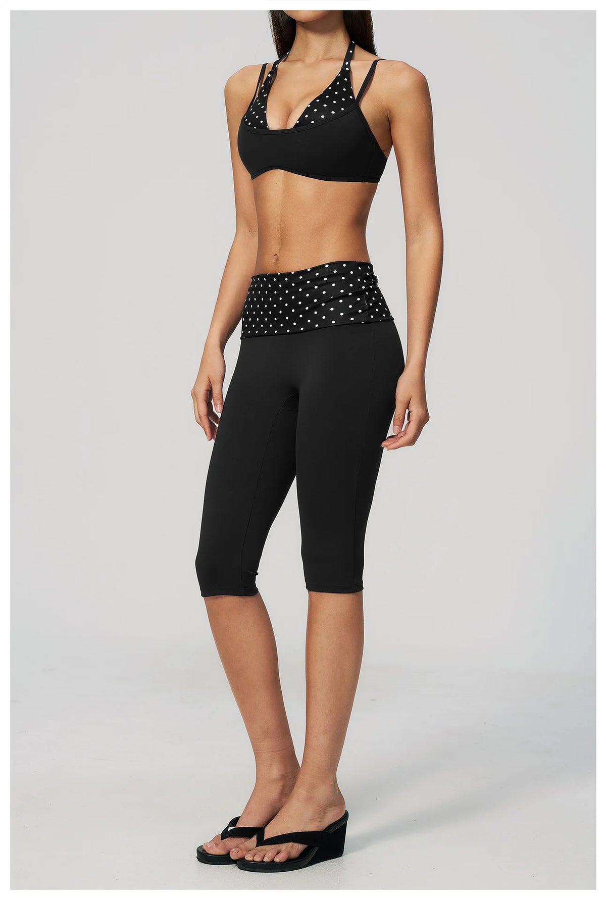 Summer Polka Dot Yoga Sets Women Hanging Neck Shockproof Sports Bra Fitness Suit Folding High Waist Mid Pants Gym Tracksuit