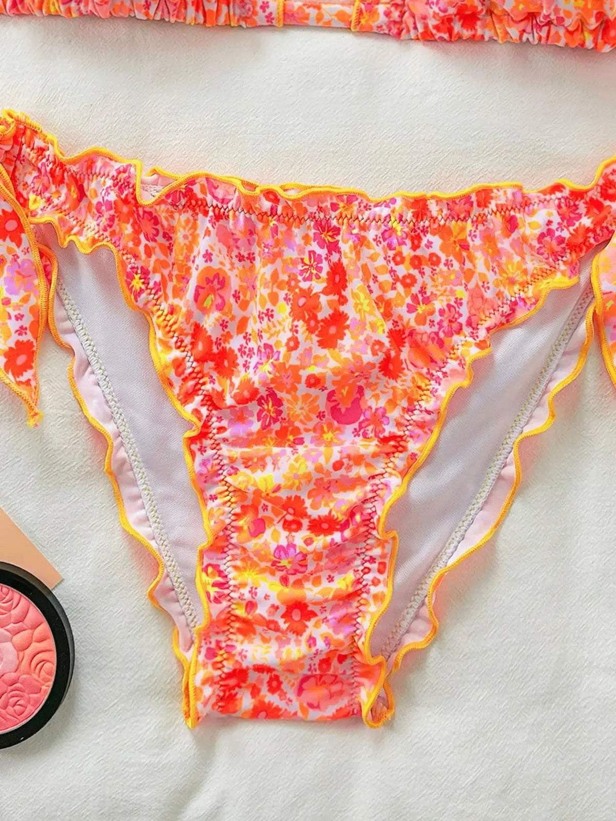 Women Cute Bikini Set 2025 New Summer Orange Floral Print Halter Ruffles Push Up Tie Side Thong Swimsuit Bathing Suit