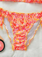 Women Cute Bikini Set 2025 New Summer Orange Floral Print Halter Ruffles Push Up Tie Side Thong Swimsuit Bathing Suit