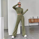 Autumn and Winter Women's New Home Clothes Two Piece Set Sports Long Sleeve Retro Slim fit Bellbottom Pants Set Y2K Sleepwear