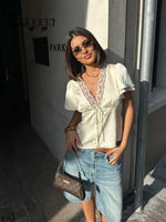 Ahagaga Causal Women Tops Solid Lace -Neck Short Sleeves Satin Slim Button Regular Eelgant Streetwear Tees Female Basic T Shirts