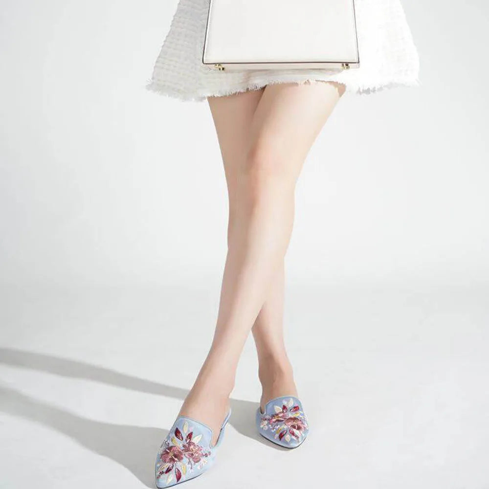 2026 Big Size 43 Summer Women's Blue Mules Slipper Sandals with Silk Flowers Embroidery Comfy Walking Slide Flat Satin Shoes