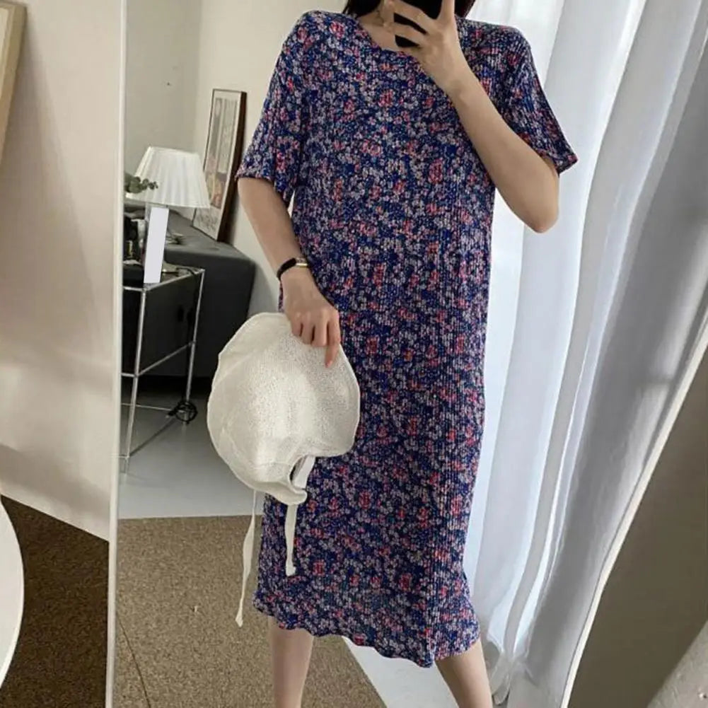 Summer Women Dress Small Flower Print Crew Neck Loose Short Sleeves Pleated Dating Shopping Midi Dress Mid-calf Length Pullover