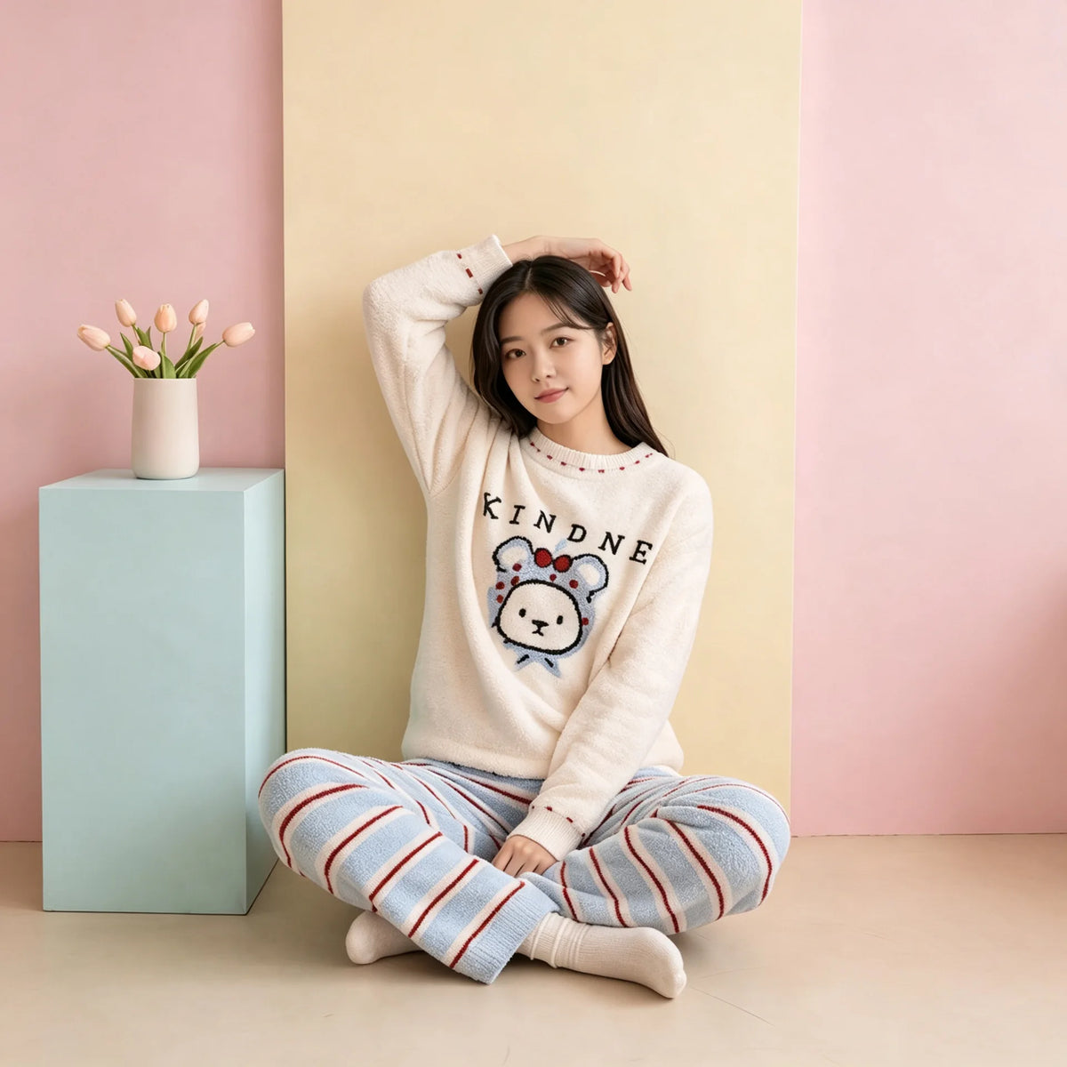 Cartoon Rabbit Jacquard Striped Pants Loose Warm Ladies Homewear Sleepwear Loungewear Women Korean Style Cute Soft Pajama Set