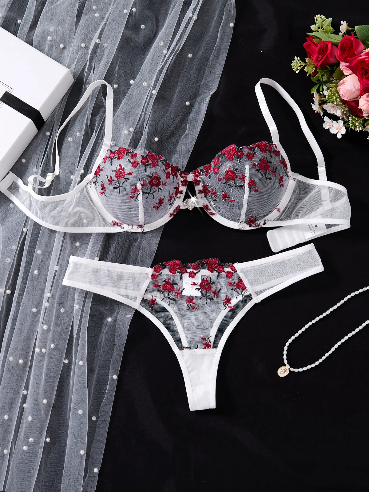 White romantic rose embroidery lace lingerie set - Large size sexy transparent netting gathering bra set ZA825026
