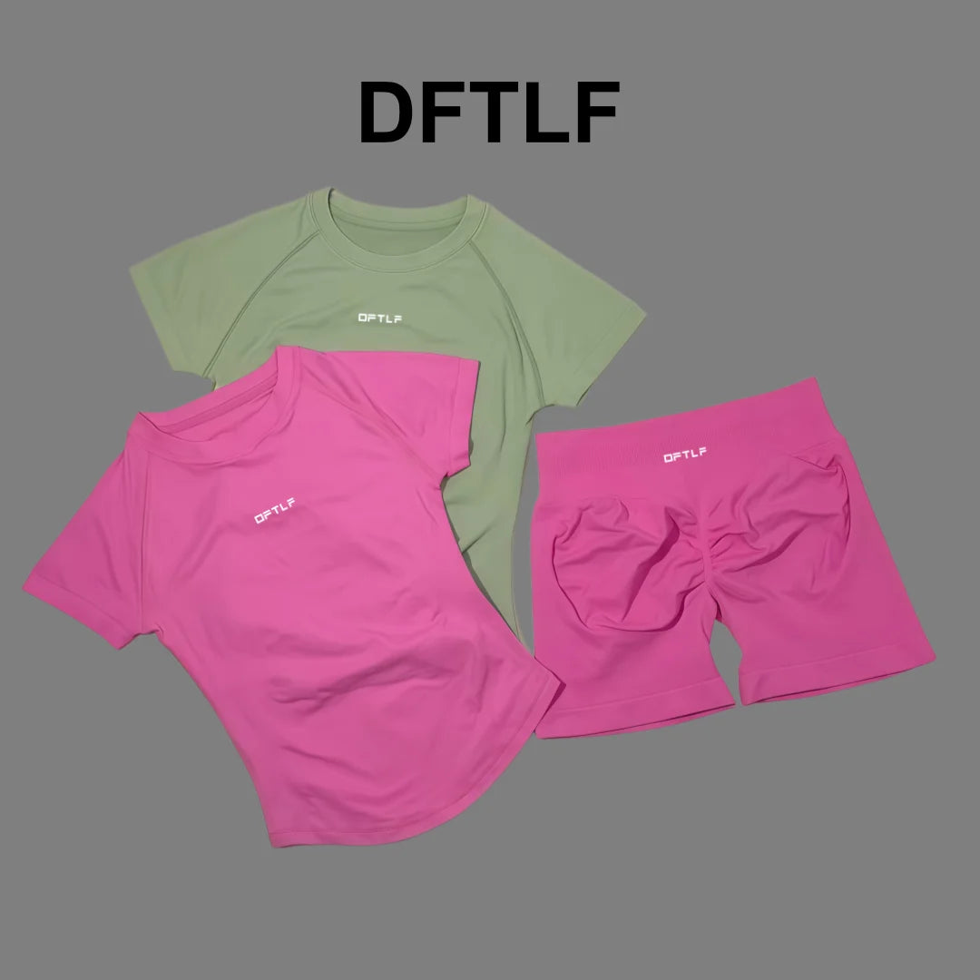 DFTLFWomen 2PCS Seamless Yoga Suit Short Sleeve Top High Waist Shorts Quick Dry Breathable Gym Fitness Running Workout Sport