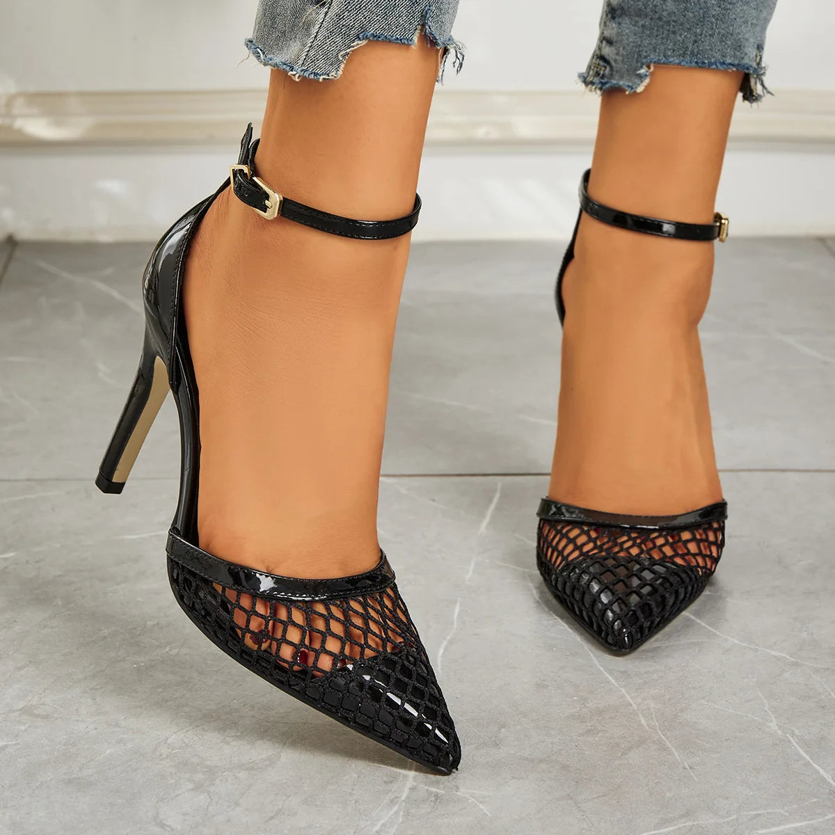 2026 Summer New Style - Three-color Mesh Open Toe Business Shoes with Round Tops, Small Inner Cuts, Thin High Heels