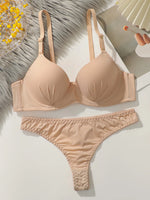 solid color daily 2-piece women's underwear set 3/4 cup paired with sexy thongs simple and comfortable Lingerie B2087