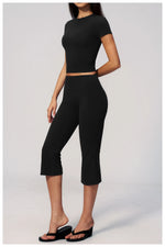 Yoga Set for Women High Waist Hip Lifting Tight Mid Pants Fitness Suit Short Sleeve O Neck Slimming Sports T Shirt Athletic Wear