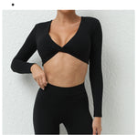 Long Sleeve Gym Crop Tops for Women Twist Deep V Workout Quick Dry Padded Sports Fitness Yoga T-Shirt