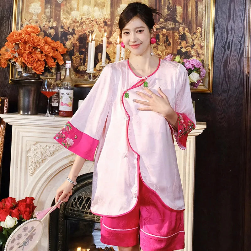 New Chinese style pajamas with breast pads, simulated silk, ice silk home wear, satin jacquard pajamas set