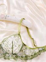 Fresh greenfloral embroidered lace lingerie set-Sexy see-through chiffon half-cup shaping bra thong two-piece set ZA825194