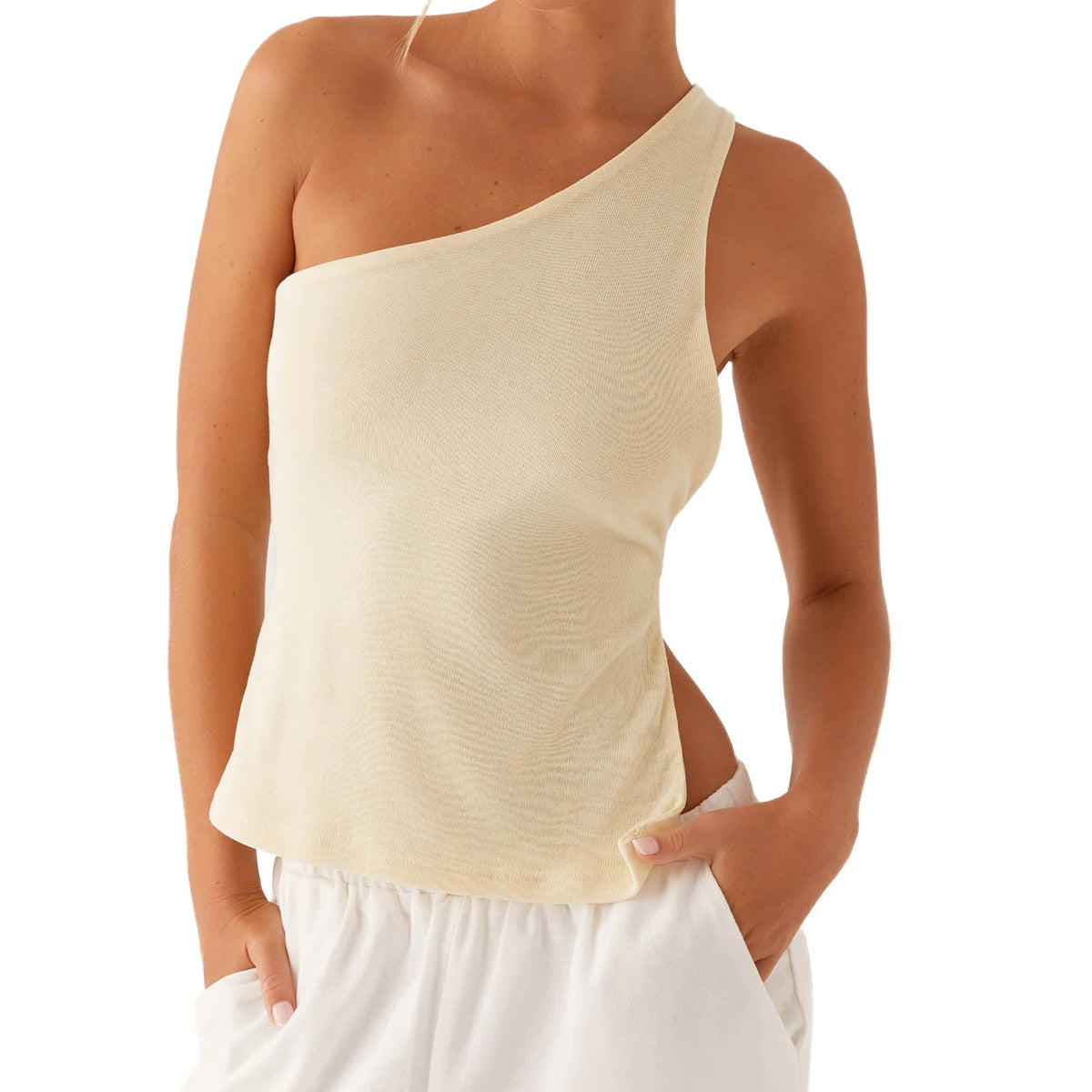 Women Off One Shoulder Tank Tops Solid Color Stylish Side Tie Design Vest Summer Fashion Streetwear