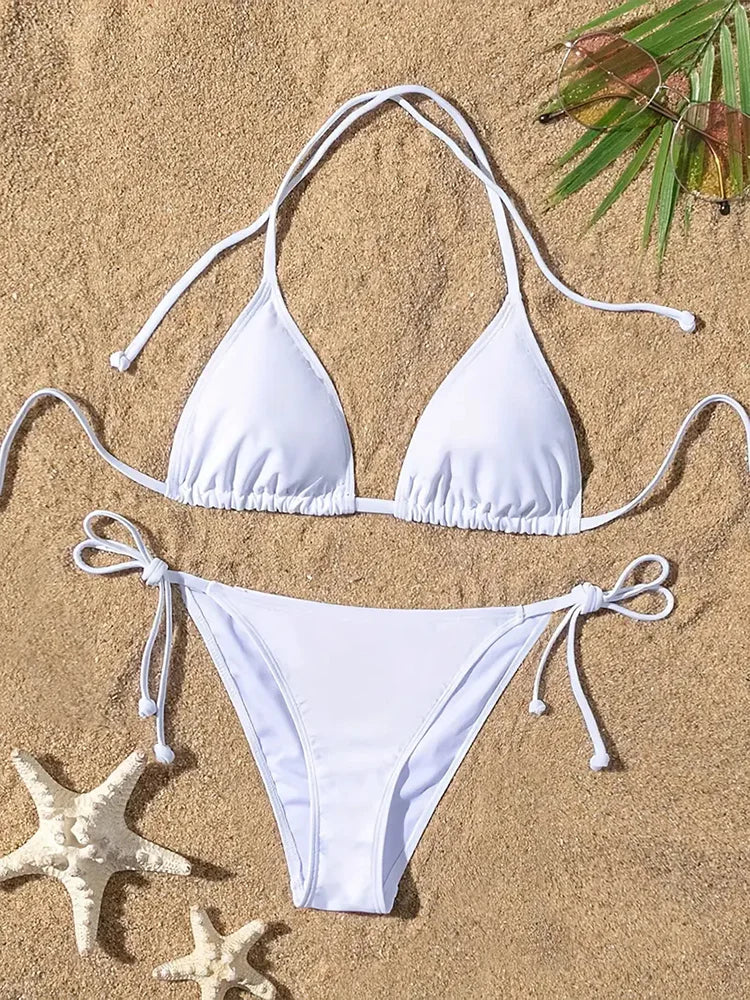 New Women Swimsuit Ribbed Backless Pads Bikini Set Halter Triangle Bra Side Tie Thong Swimwear Beachwear Lady Bathing Suit