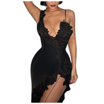 Womens Sexy Deep V Suspender Dress Lace Patchwork Slim Open Back Casual Dresses Summer High Waist Side Slit Midi Bodycon Dress