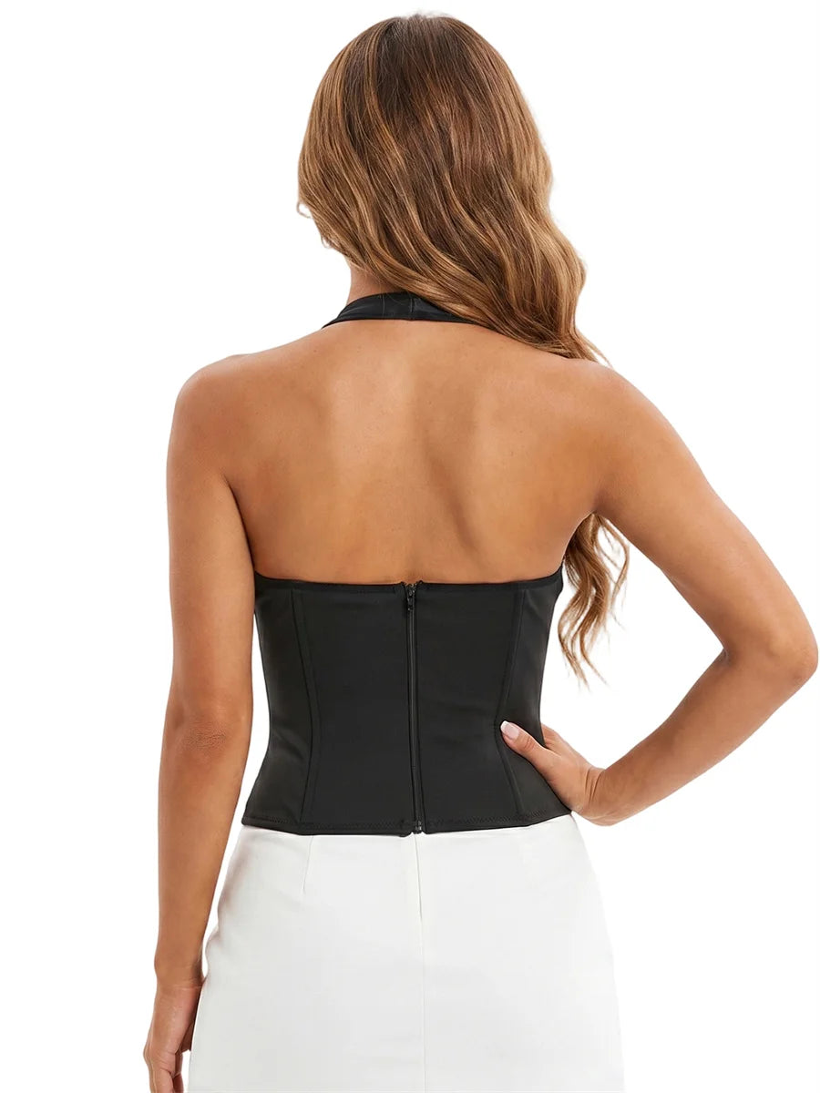 Women's Retro Corset Tops Open Back Halter Sleeveless Fishbone Slim Fit Tank Tops Summer Chic Vest