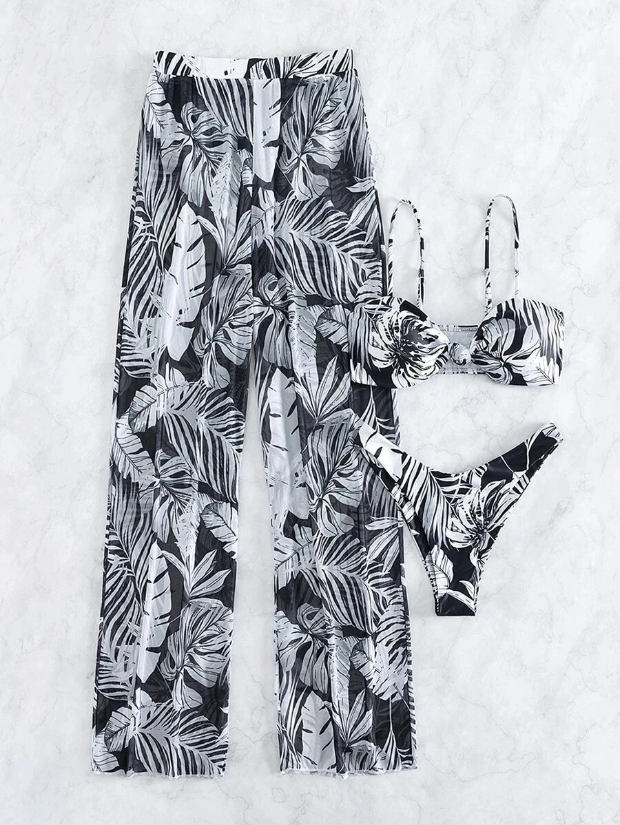 3 Pieces Strappy Bikini 2026 Women Printed Swimsuit Sexy Swimwear Female With Beach Pants Bathers Bathing Swimming Swim Suit