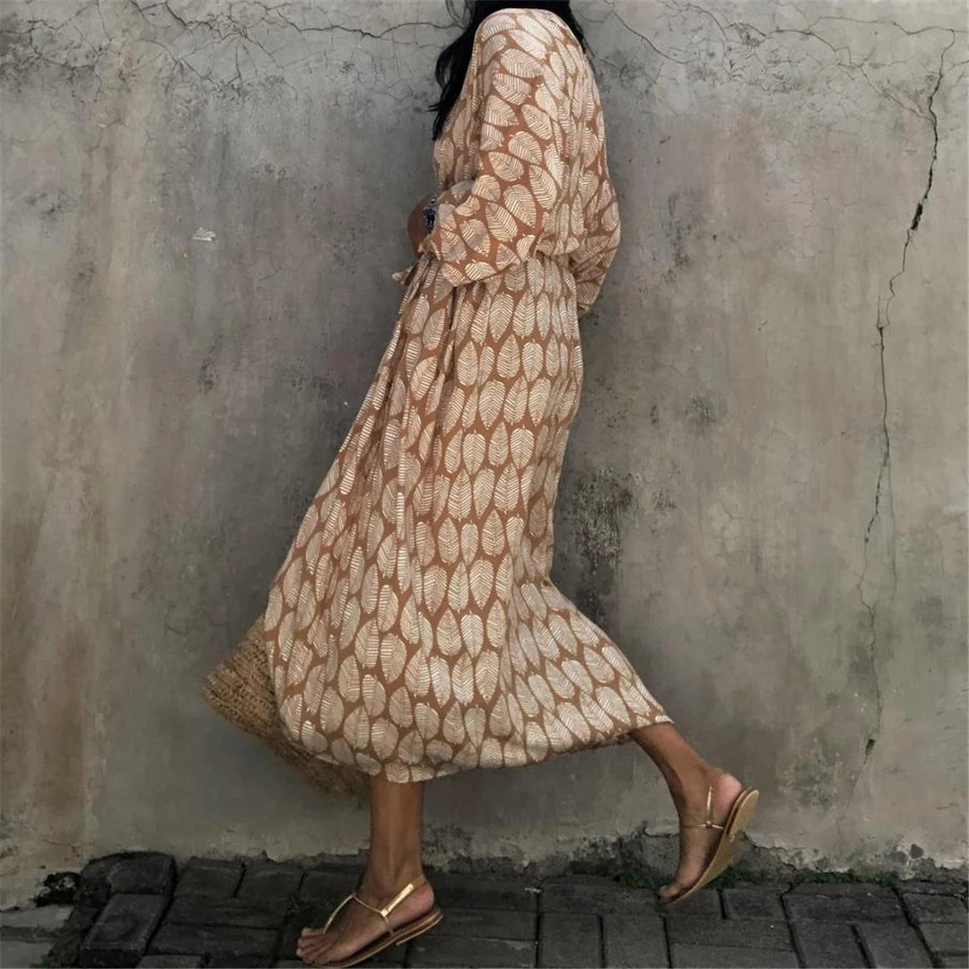 7 Colors Leaves Printed With Belt Half Sleeve Tunic Beach Cover Up Cover-ups Beach Dress Beach Wear Beachwear Female Women V4511