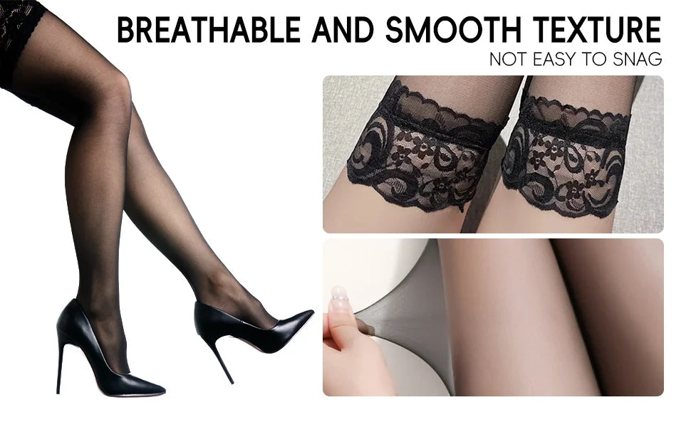 Elegant Lace Top Thigh High Stockings for Women Sheer Black Mesh with Floral Design Stretchy and Stylish Socks