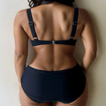 Solid Color Black Two Piece Swimsuit for Women Sexy Underwire V-neck Suspender Backless Bikini Set High Waist Beach Swimwear