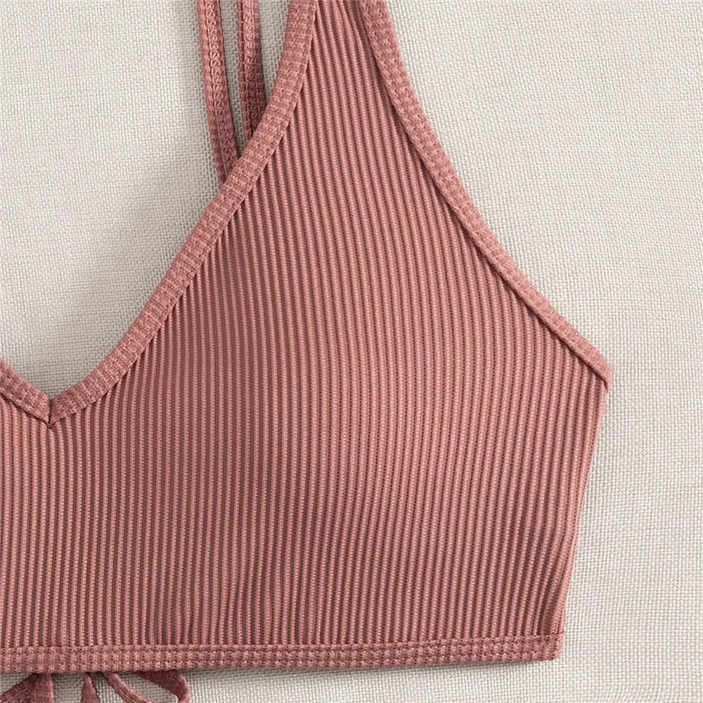 Solid Brown Ribbed Swimwears Sexy Bikinis Sets Push Up Swimsuit Woman 2026 Summer Back Lace-up Bathing Suit Bikini Dames Biquini