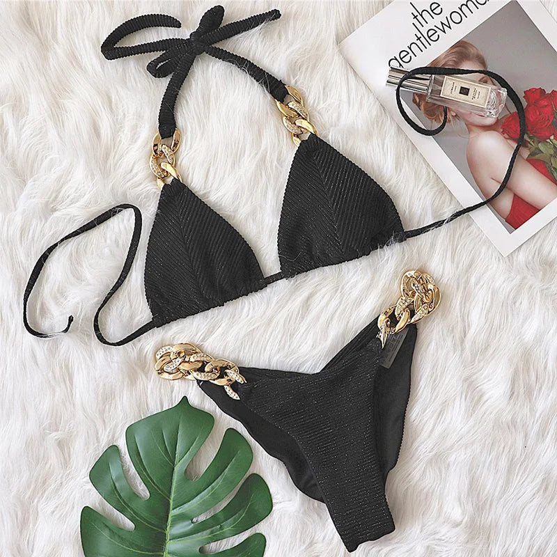 Halter Ribbed Metal Chains Diamond Bikini Women Swimsuit Female Swimwear Two-pieces Bikini Set Bather Bathing Suit Swim Lady
