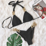 Halter Ribbed Metal Chains Diamond Bikini Women Swimsuit Female Swimwear Two-pieces Bikini Set Bather Bathing Suit Swim Lady