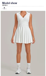 Summer Women Solid Tennis Dresses Sleeveless Turn Down Collar Pleated Skirts with Detachable Pocket Shorts Slim Yoga Golf Dress