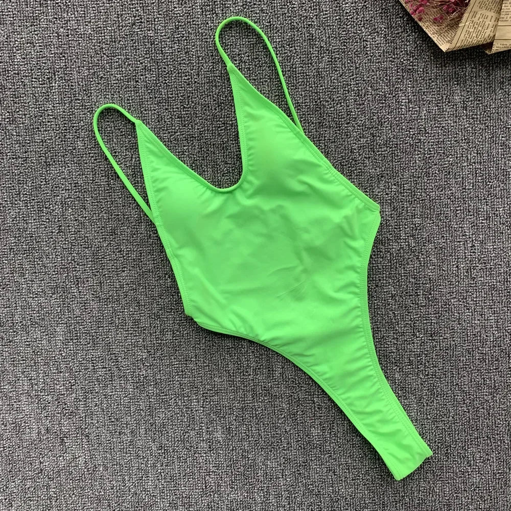 2026 Fluorescent Green One Piece Swimsuit for Women,solid Color,thong Backless Bikini,U-neck Suspender Swimwear,Adjustable Strap