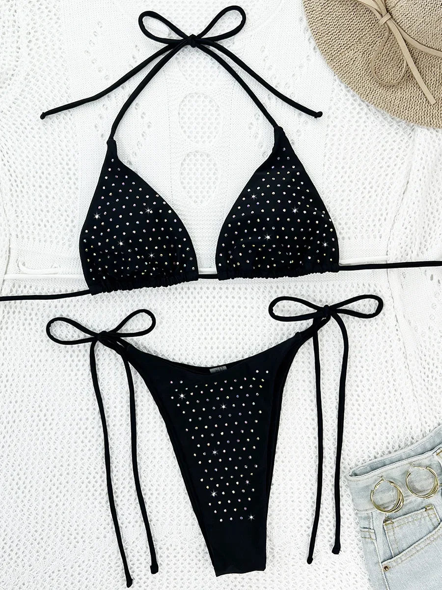 Shiny Sequins Rhinestones Diamond Bikini Women Swimsuit Female Swimwear Two Pieces Bikini Set Mini Micro Thong Bathing Suit Swim