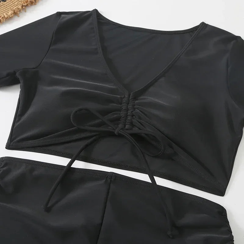 Black Drawstring Swimwear Bikinis Sets Mujer 2026 Crop Top Shorts Bottom Swimsuit Women Sexy Bathing Suit Beachwear Bikini Swim