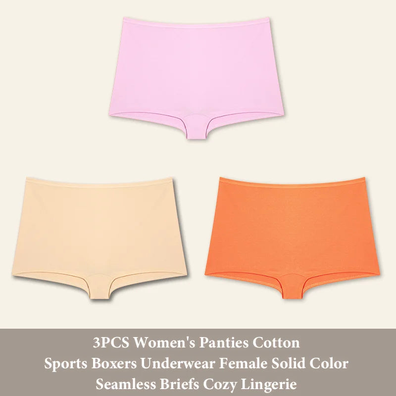 3PCS Women'sCotton Seamless Panties Sports Boxers Underwear Female Solid Color Briefs Cozy Lingerie Intimate Underpants XS-XL