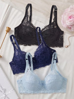 3Pcs/Set Sexy Floral Lace Bra for Women Underwire Thin Cup Unlined Lingerie Adjustable Daily Comfortable Bras